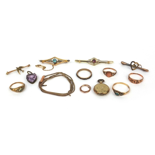 1002 - Selection of mostly gold jewellery including two 9ct gold bar brooches, unmarked gold rings set with... 