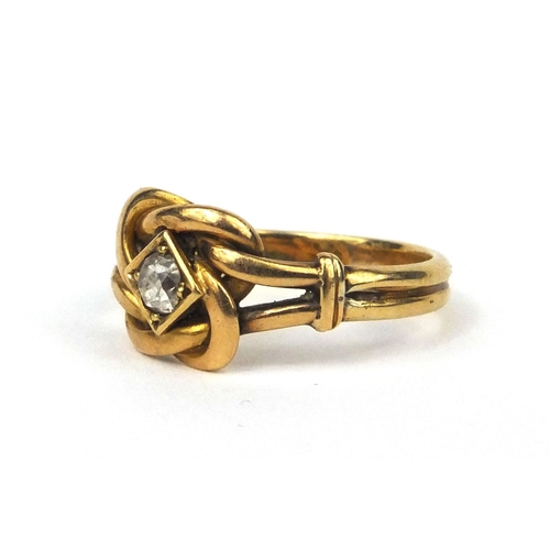 955 - Unmarked gold diamond solitaire knot design ring, size N, approximate weight 5.2g