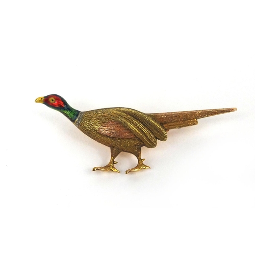 933 - 15ct gold enamelled pheasant brooch, 5cm long, approximate weight  4.7g