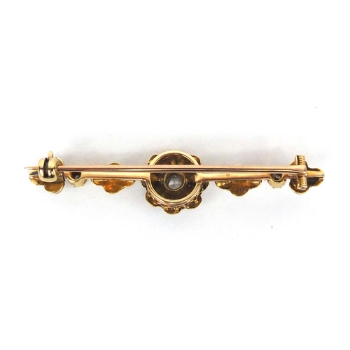 947 - Unmarked gold seed pearl and diamond bar brooch set with thee diamonds and twenty two seed pearls, 5... 