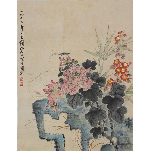 580 - Chinese ink and watercolour onto paper, attributed to Songyan Qian, flowers on stone, with script an... 