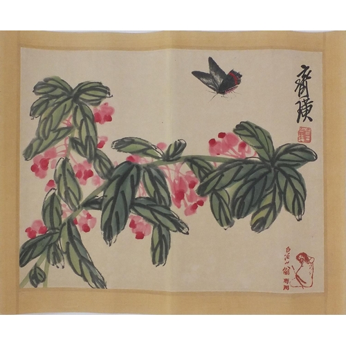 581 - Chinese ink and watercolour onto paper, attributed to Baishi Qi, butterfly and flower, with script a... 