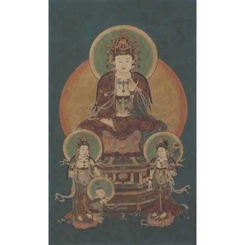 569 - Chinese ink and watercolour onto silk, Guanyin within dragon borders, 130cm x 66cm