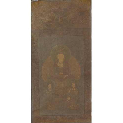 569 - Chinese ink and watercolour onto silk, Guanyin within dragon borders, 130cm x 66cm