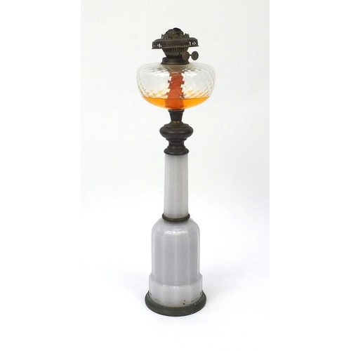 722 - Victorian opaline glass oil lamp with clear glass reservoir, 70cm high