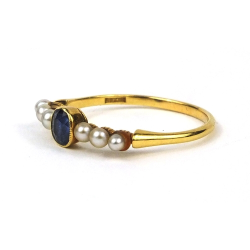 961 - 18ct gold sapphire and seed pearl ring, size T, approximate weight 2.4g