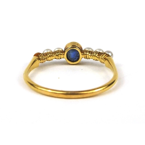 961 - 18ct gold sapphire and seed pearl ring, size T, approximate weight 2.4g