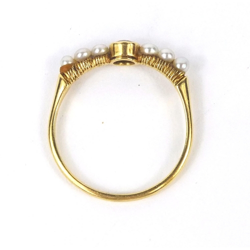 961 - 18ct gold sapphire and seed pearl ring, size T, approximate weight 2.4g