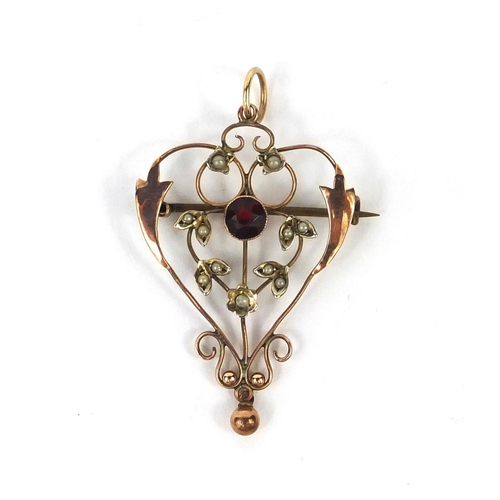 987 - Art Nouveau 9ct gold seed pearl and garnet pendant/brooch, 5cm long, approximate weight 2.7g