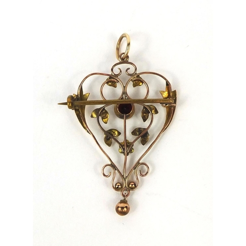 987 - Art Nouveau 9ct gold seed pearl and garnet pendant/brooch, 5cm long, approximate weight 2.7g