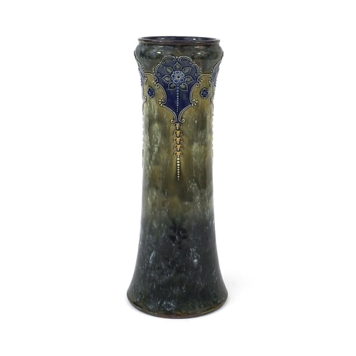 760 - Art Nouveau Royal Doulton stoneware vase, decorated with stylised floral motifs, factory mark and nu... 