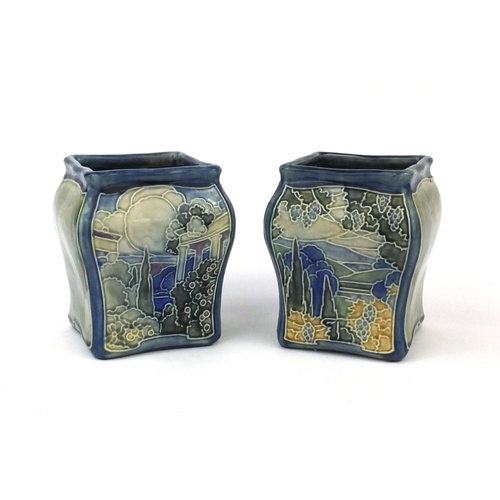 759 - Pair of Art Nouveau Royal Doulton Lambeth stoneware planters, hand painted and tubelined with Rivier... 