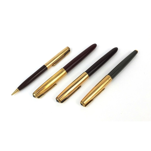 129 - Four Parker fountain pens and a Parker propelling pencil, two made in the USA