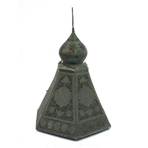 623 - Islamic Mamluk revival hanging copper lantern/Mosque lamp of hexagonal form, with coloured glass pan... 