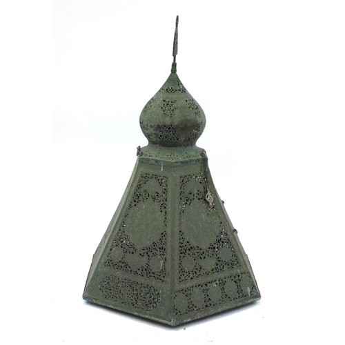 623 - Islamic Mamluk revival hanging copper lantern/Mosque lamp of hexagonal form, with coloured glass pan... 