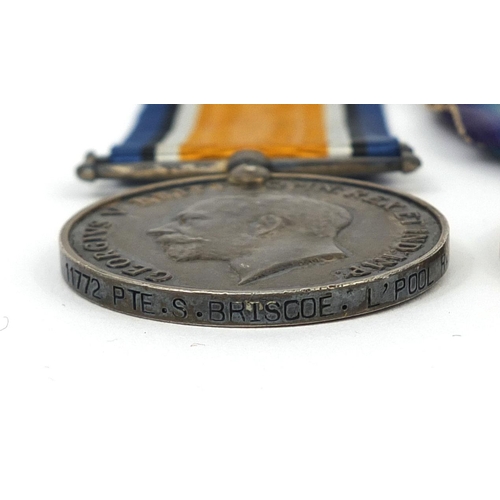 322 - British Military World War I trio awarded to 1172.PTE.S.BRISCOE.L'POOL.R. comprising The Victory med... 