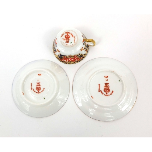 693 - Miniature Royal Crown Derby Imari pattern trio, commemorating King George V, each with factory marks... 