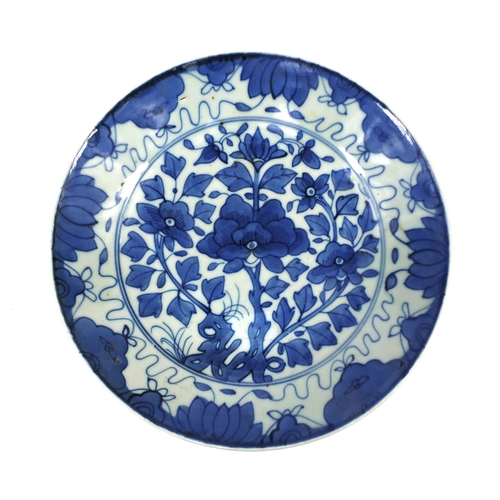 453 - Chinese blue and white porcelain shallow dish, hand painted with flowers and foliage, 28cm in diamet... 