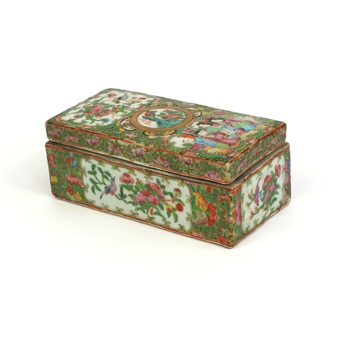 480 - Rectangular Chinese Canton porcelain pen box with twin divisional interior, hand painted in the Fami... 