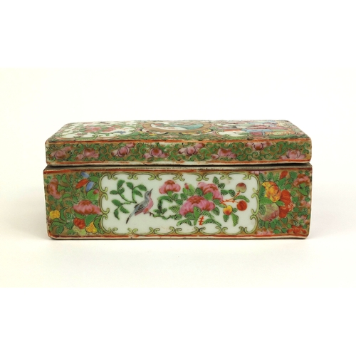 480 - Rectangular Chinese Canton porcelain pen box with twin divisional interior, hand painted in the Fami... 