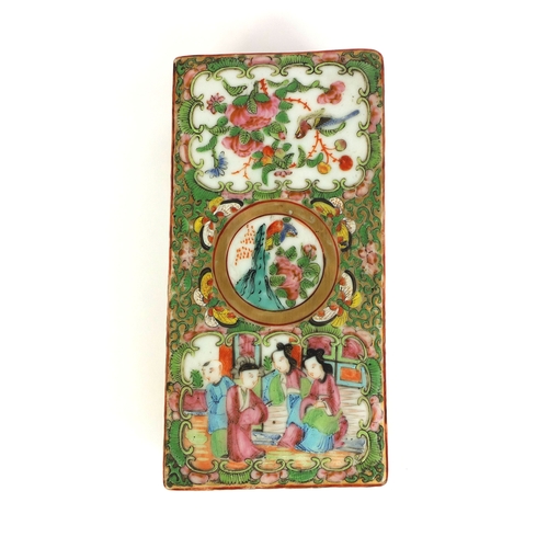 480 - Rectangular Chinese Canton porcelain pen box with twin divisional interior, hand painted in the Fami... 