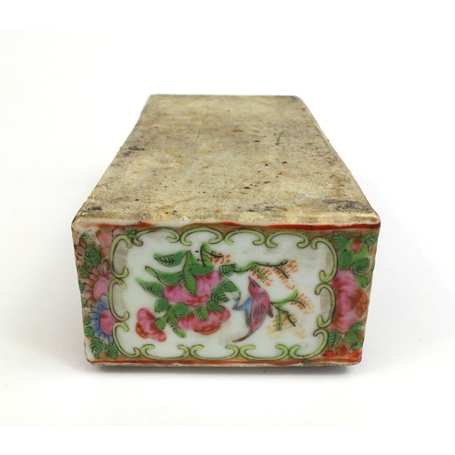 480 - Rectangular Chinese Canton porcelain pen box with twin divisional interior, hand painted in the Fami... 