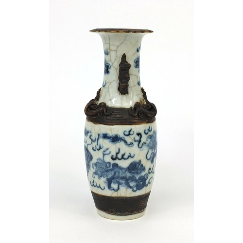 448 - Chinese crackle glazed vase with dog of foo handles, hand painted with kylin lions amongst clouds, f... 