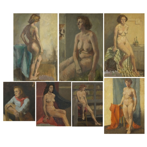 1320 - Seven unframed oil onto canvas studies, six of nude female artist models, one of a seated female, th... 