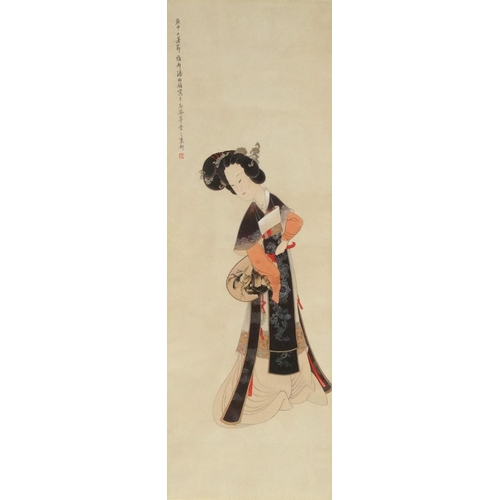 578 - Chinese ink and watercolour scroll, attributed to Zhenyong Pan, robed girl holding a fan, with scrip... 