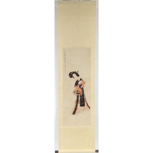 578 - Chinese ink and watercolour scroll, attributed to Zhenyong Pan, robed girl holding a fan, with scrip... 