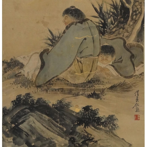 583 - Chinese ink and watercolour onto paper, attributed to Xiong Ren, resting Scholars, with script and r... 