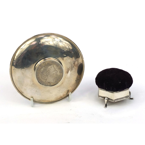 872 - Commemorative silver pin dish together with a hexagonal silver pin cushion, the pin cushion Birmingh... 