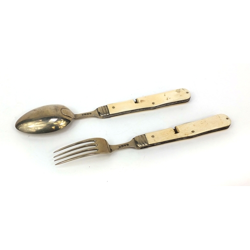 100 - Ivory flanked folding campaign cutlery comprising a fork and spoon, 11cm in length when closed