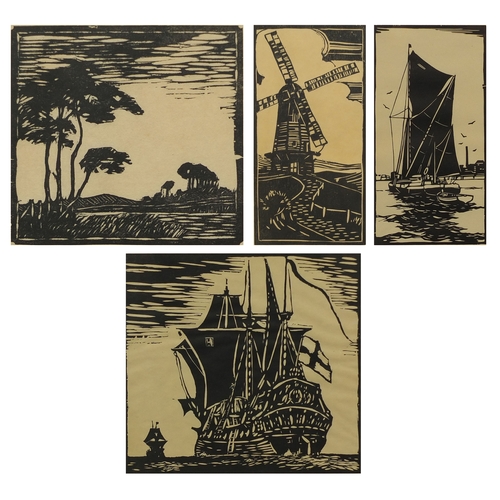 1282 - C A Wilkinson - Four pencil signed woodblock prints including two with boats and one of a windmill, ... 