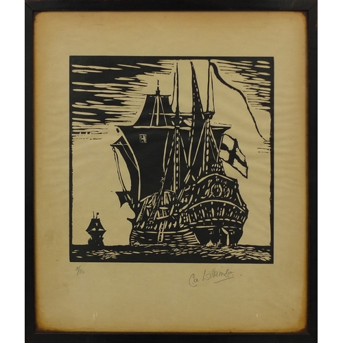 1282 - C A Wilkinson - Four pencil signed woodblock prints including two with boats and one of a windmill, ... 