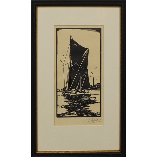 1282 - C A Wilkinson - Four pencil signed woodblock prints including two with boats and one of a windmill, ... 