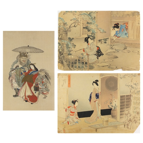 591 - Three Japanese wood block prints, one of two mythical figures with a geisha girl holding an umbrella... 