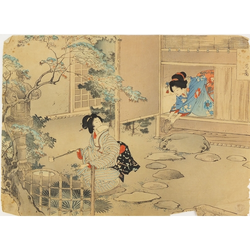 591 - Three Japanese wood block prints, one of two mythical figures with a geisha girl holding an umbrella... 