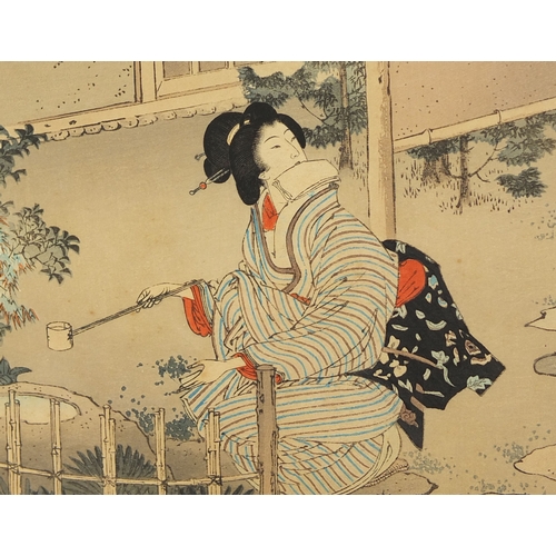 591 - Three Japanese wood block prints, one of two mythical figures with a geisha girl holding an umbrella... 