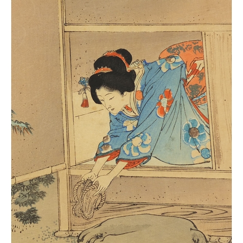 591 - Three Japanese wood block prints, one of two mythical figures with a geisha girl holding an umbrella... 