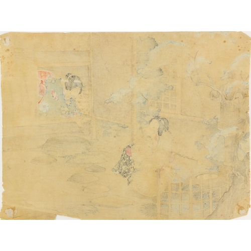 591 - Three Japanese wood block prints, one of two mythical figures with a geisha girl holding an umbrella... 