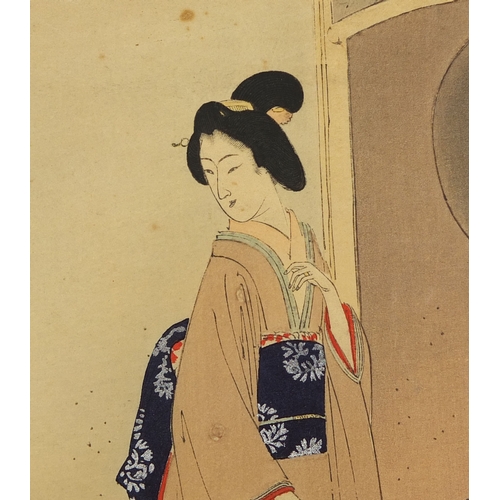 591 - Three Japanese wood block prints, one of two mythical figures with a geisha girl holding an umbrella... 