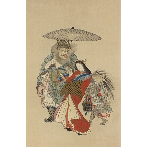 591 - Three Japanese wood block prints, one of two mythical figures with a geisha girl holding an umbrella... 