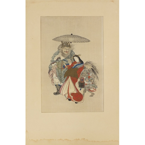 591 - Three Japanese wood block prints, one of two mythical figures with a geisha girl holding an umbrella... 