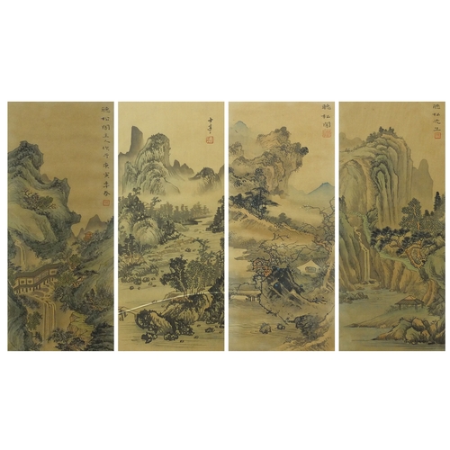 586 - Four Chinese waterfall landscapes, each with script and red seal marks, each mounted and framed, eac... 