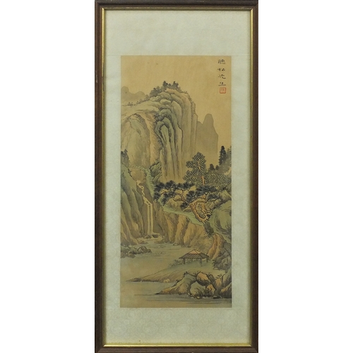 586 - Four Chinese waterfall landscapes, each with script and red seal marks, each mounted and framed, eac... 