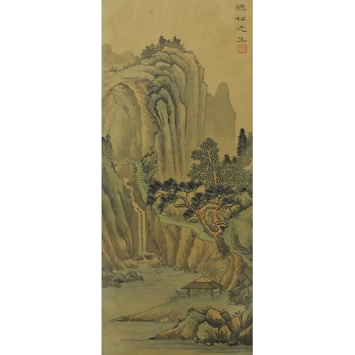 586 - Four Chinese waterfall landscapes, each with script and red seal marks, each mounted and framed, eac... 