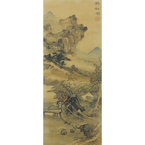 586 - Four Chinese waterfall landscapes, each with script and red seal marks, each mounted and framed, eac... 