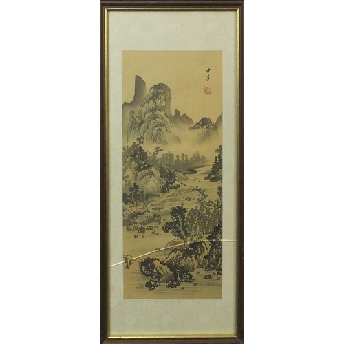 586 - Four Chinese waterfall landscapes, each with script and red seal marks, each mounted and framed, eac... 