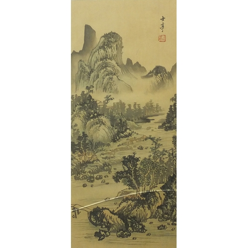 586 - Four Chinese waterfall landscapes, each with script and red seal marks, each mounted and framed, eac... 